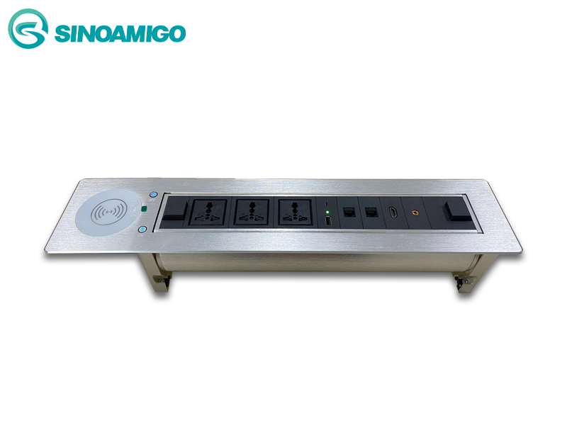 Hộp ổ cắm điện âm bàn cao cấp sinoamigo SMT-3 màu bạc mở nắp bằng điện